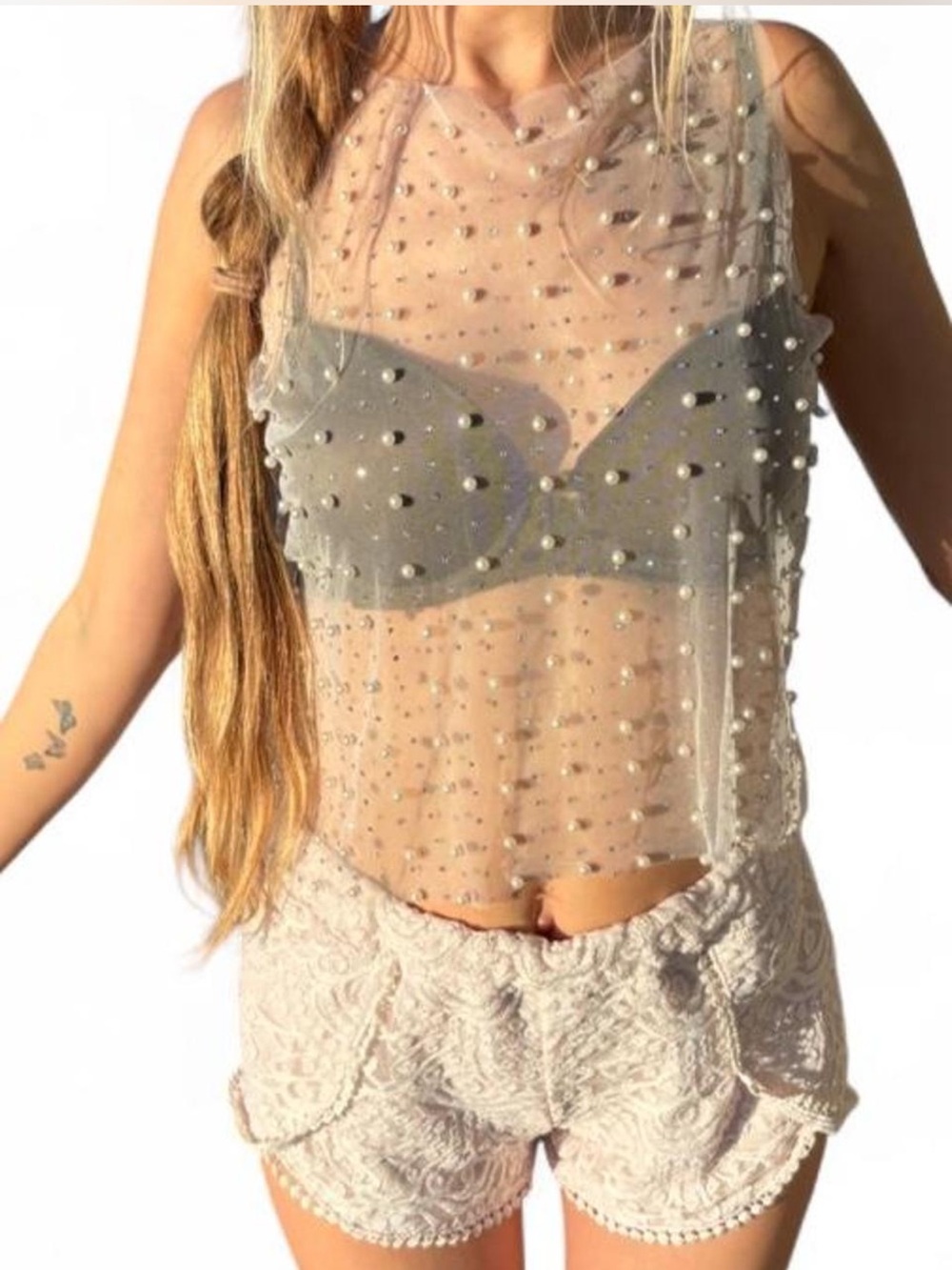 Sheer clubwear pearl bling mesh tank top camisole blouse M